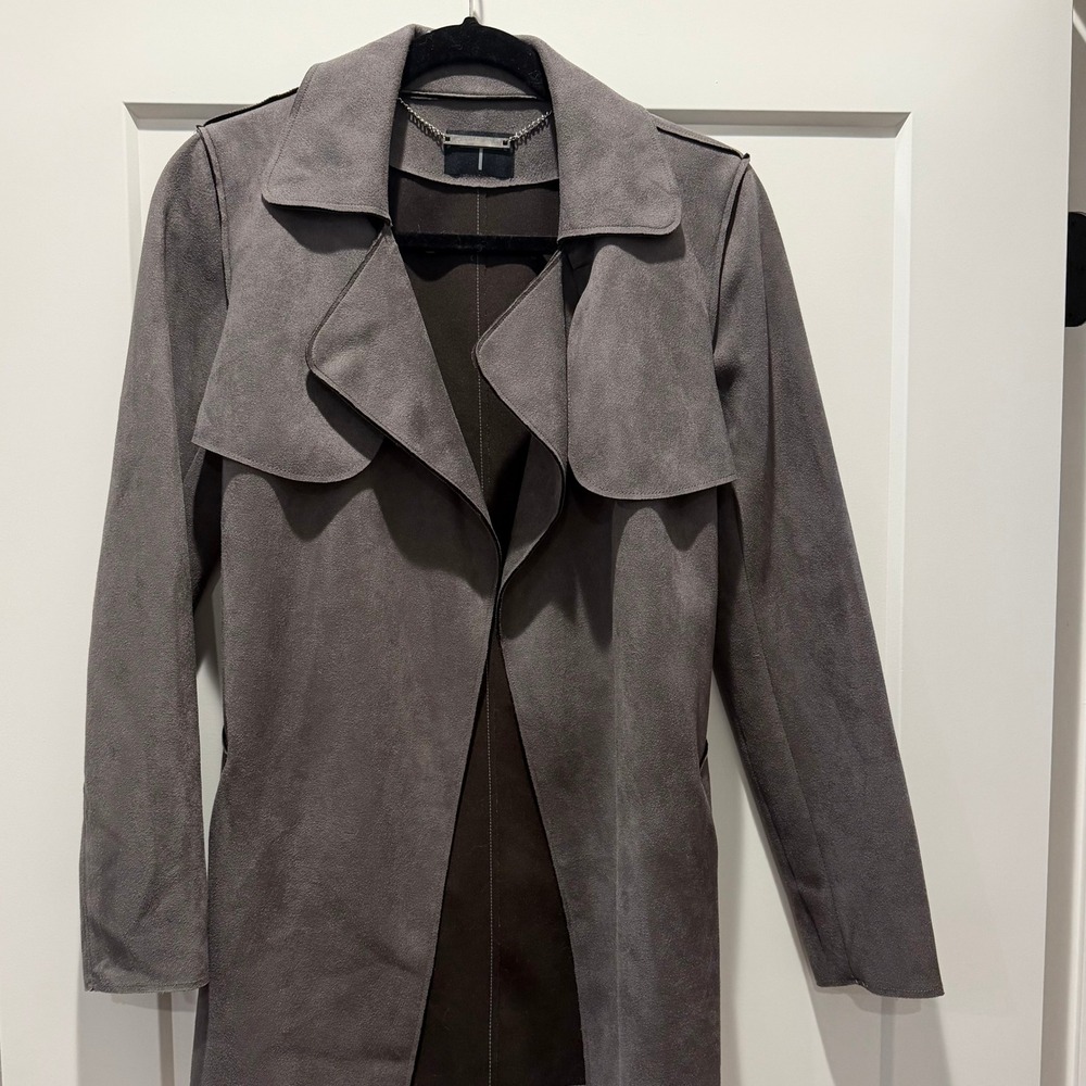Classic Chic Tahari Faux Suede Open Front Belted Trench Jacket Gray M